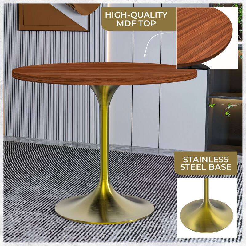 LeisureMod Verve 36" Round Dining Table with MDF Wood TableTop and Brushed Gold Base for Kitchen & Dining Room