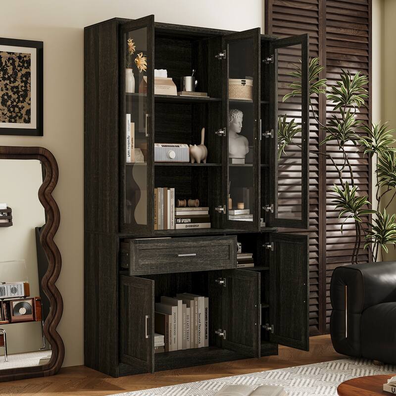 Modular Glass Door Bookcase Wall Unit with Storage Cabinets and Drawers, Dark Oak Display Hutch for Living Room or Home Office