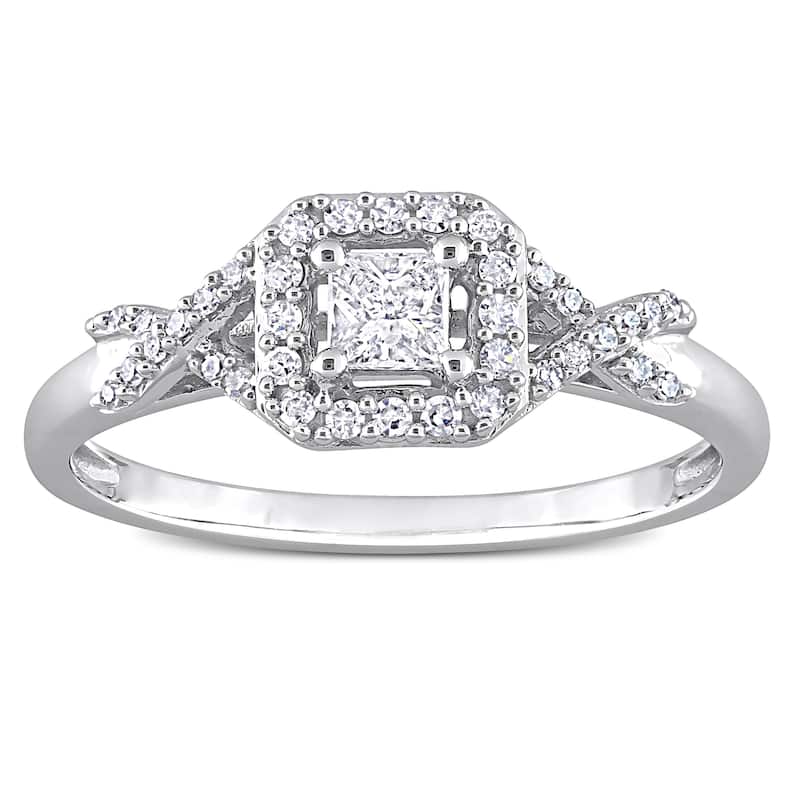 Miadora 10k White Gold 1/3ct TDW Diamond Halo Crossover Engagement Ring