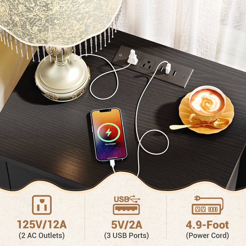 Modern Nightstand with Charging Station, Side End Table with 2 Drawers