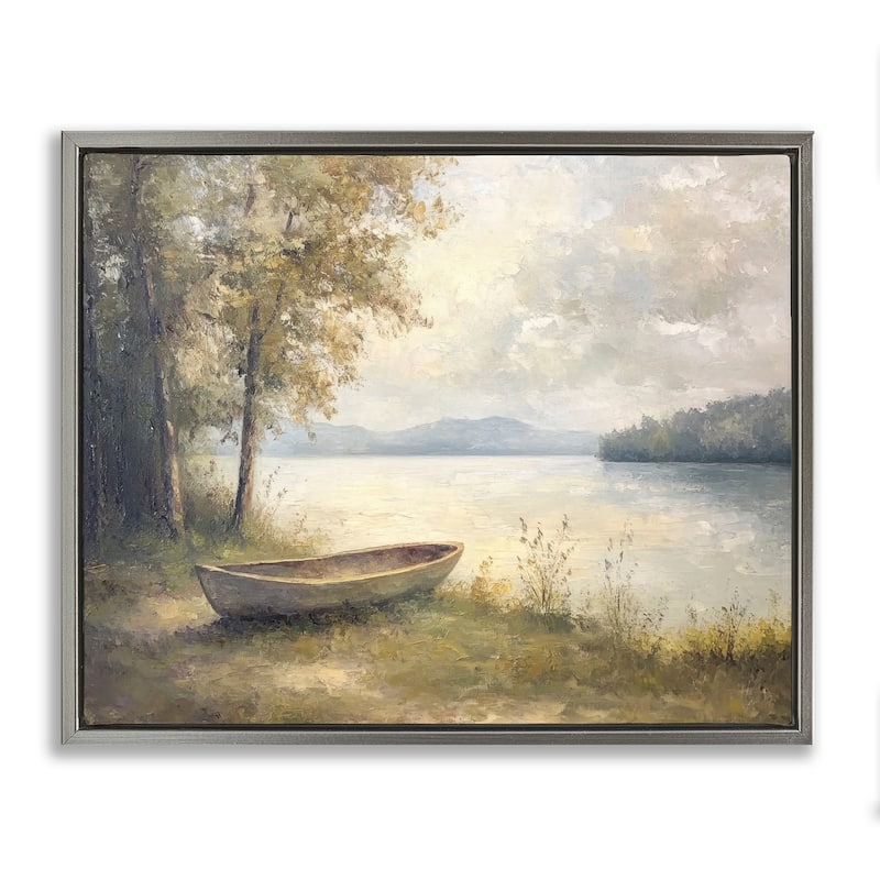 Stupell Boat at Lake's Edge Framed Floater Canvas Wall Art Design By Petal Prints Design - 31 x 25 - Grey