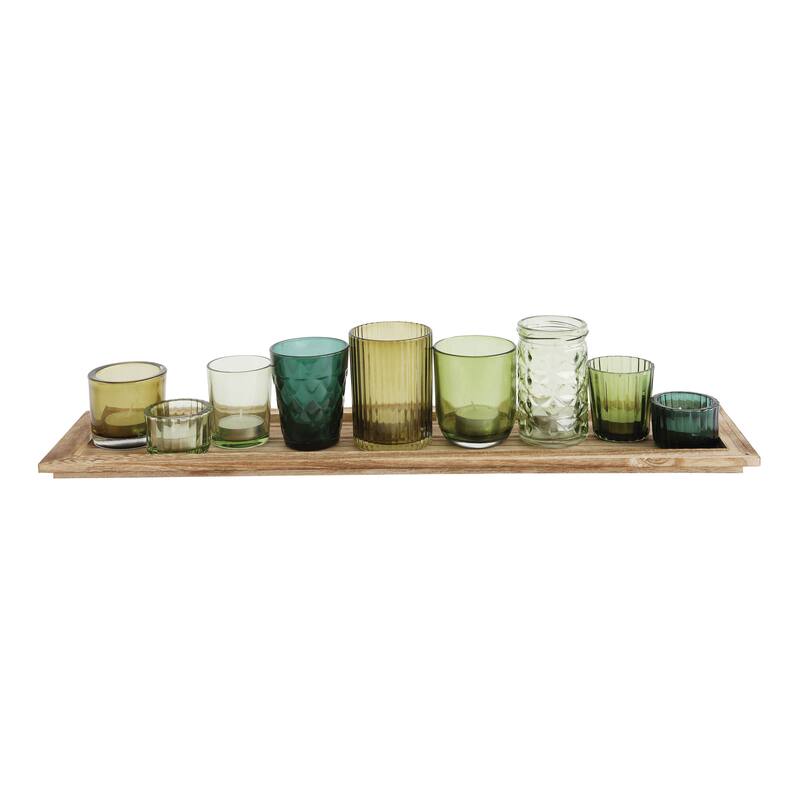 Wood Tray with 9 Blue & Green Glass Votive Holders