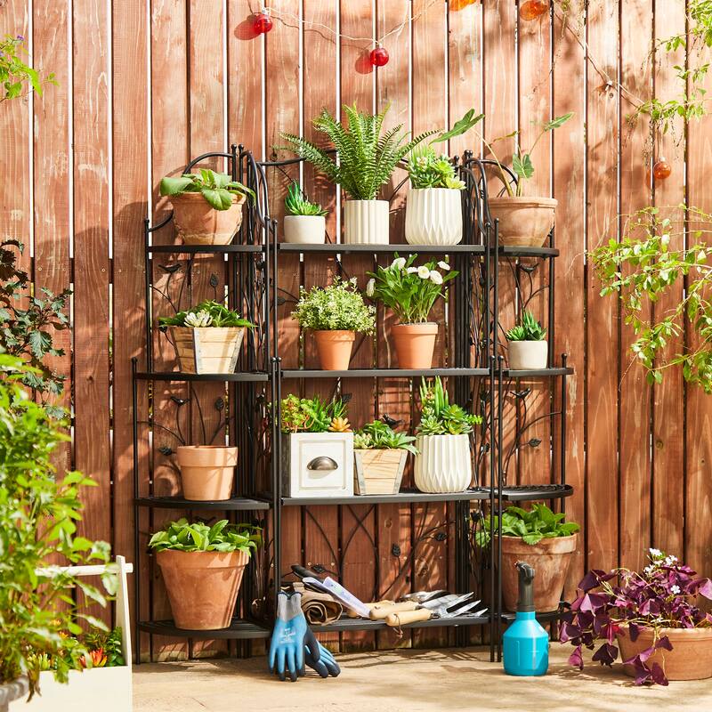 Glitzhome 4-Tiers Multifunctional Metal Corner Plant Shelf Bakers Rack Folding Planter Stands Flower Pot Shelving