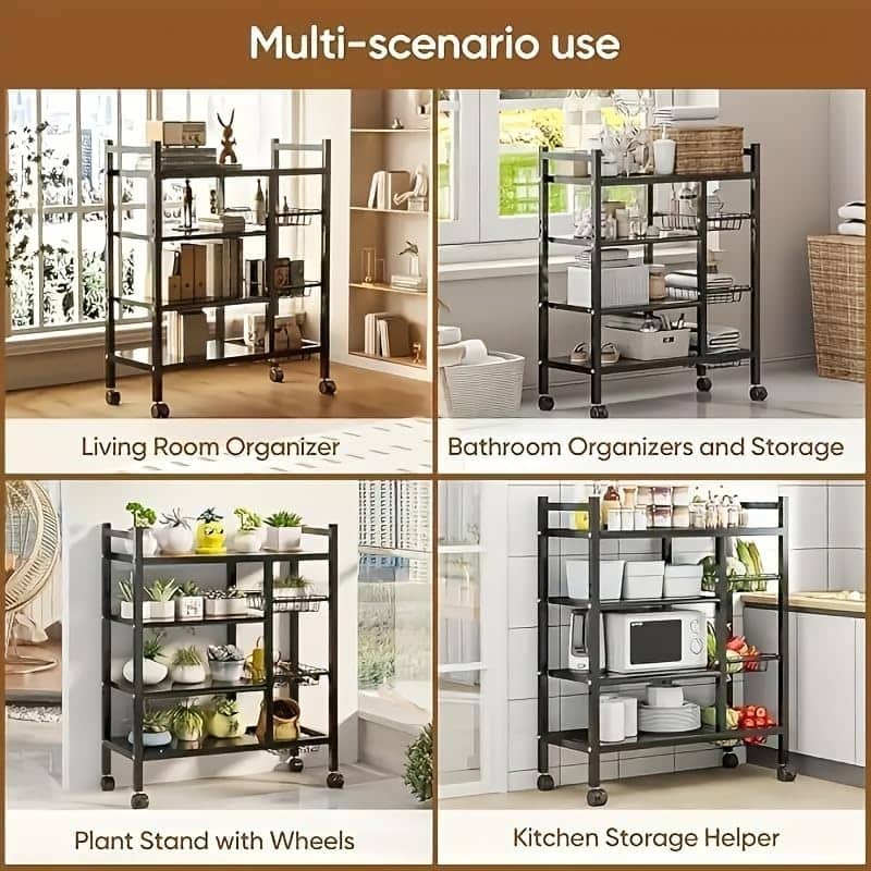 80cm Floor-Standing Storage Rack, Multifunctional Storage Rolling Cart, Kitchen Storage Rack with Mesh Basket