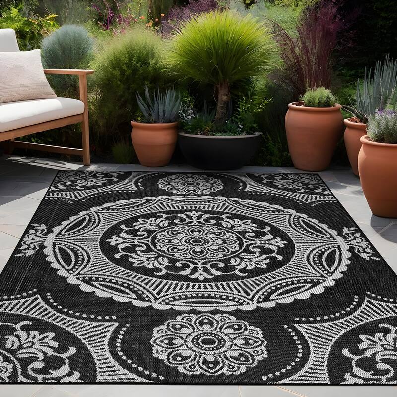 Beverly Rug Blue Medallion Indoor Outdoor Rug, Outside Carpet for Patio, Deck, Porch