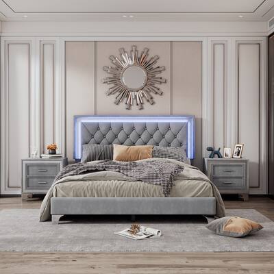 3-Pieces Bedroom Sets,Queen Size Upholstered Platform Bed with LED Lights and Two Nightstands, Gray