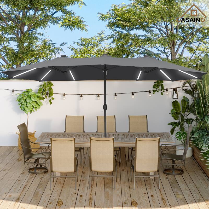 15 ft. Crank Double-sided Solar LED Ultra Lighted Outdoor Market Umbrella with Base Included