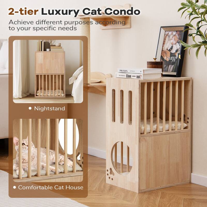 2-Tier Ventilated Design Wooden Cat Condo with Washable Cushions Cat Furniture for Indoor Use - 17" x 11.5" x 25.5"