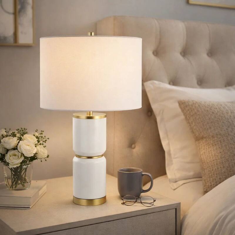 Table Lamp, Linen Drum Shade, Gold Accent White Ceramic Base, 26 Inch