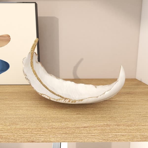 slide 2 of 7, White with Gold Polystone Glam Plume Feather Shape Decorative Bowl White