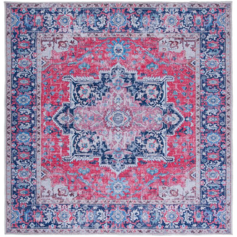 SAFAVIEH Serapi Machine Washable Sebiha Medallion Distressed Rug - 6'7" Square - Red/Navy