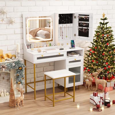 Modern Vanity Desk w/ Mirror & Lights Bedroom Vanity Dressing Set