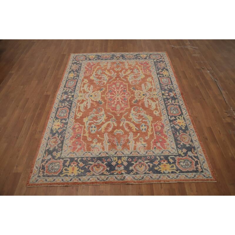 Hand Knotted Oriental 100% Wool Carpet Transitional Floral Oranges & Rust Oushak Area Rug - 6' 10'' X 5' 1''