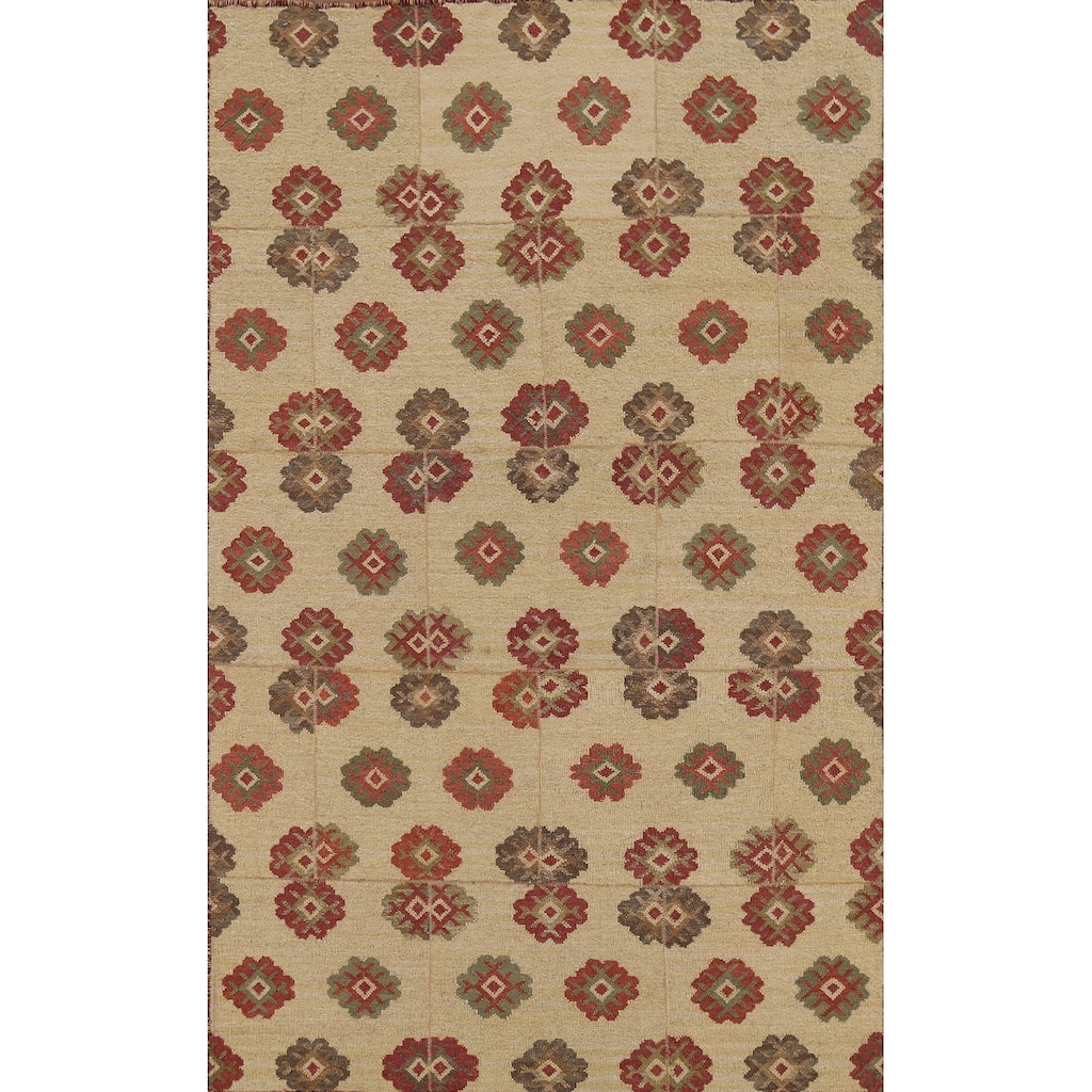 All-Over Geometric Kilim Reversible Area Rug Hand-Knotted Wool Carpet - 5'0"x 7'9"