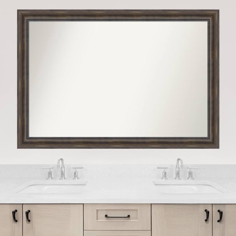 Rustic Pine Brown Framed Non-Beveled Custom Wall Mirror, Bathroom Vanity Mirror