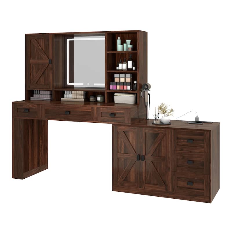 Moasis 47.5"W Farmhouse Makeup Vanity Desk with Mirror and Lights.Dressing Table with 6 Drawers&Power Outlets