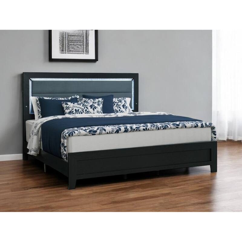 HomeRoots Black and Gray Wood And Velvet Lighted King Bed Frame - King
