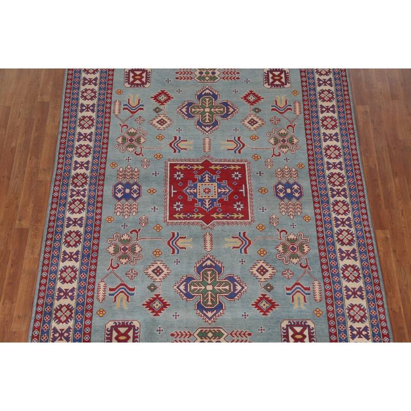 Hand Knotted Oriental 100% Wool Carpet Traditional Geometric Navy Blue & Blues Kazak Area Rug - 9' 8'' X 6' 8''