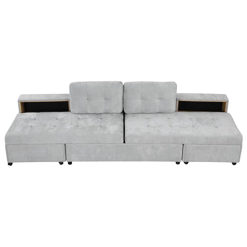 121.2" Chenille Modular Sofa Bed with Two Storage Racks, Free-Combined Design, and Smooth-Rolling Wheels