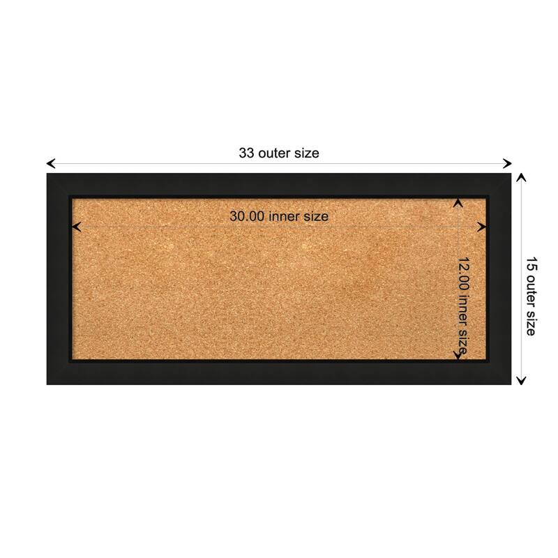 Midnight Black Narrow Wood Framed Natural Corkboard Bulletin Board - Board Size 30x12
