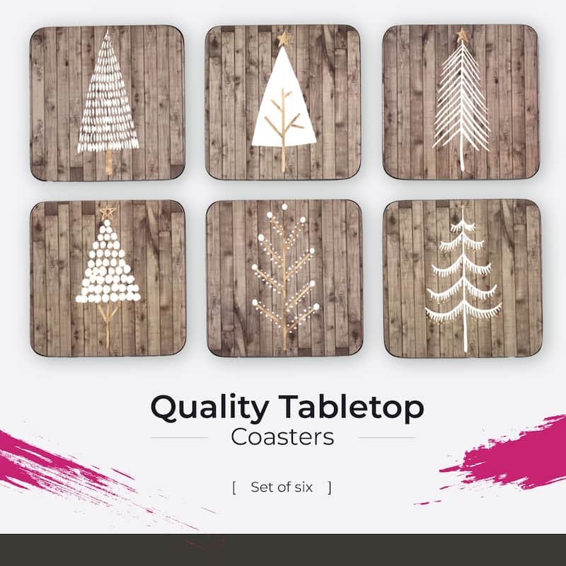 Pimpernel Set of 6 Wooden White Christmas Coasters - 4" L x 4" W