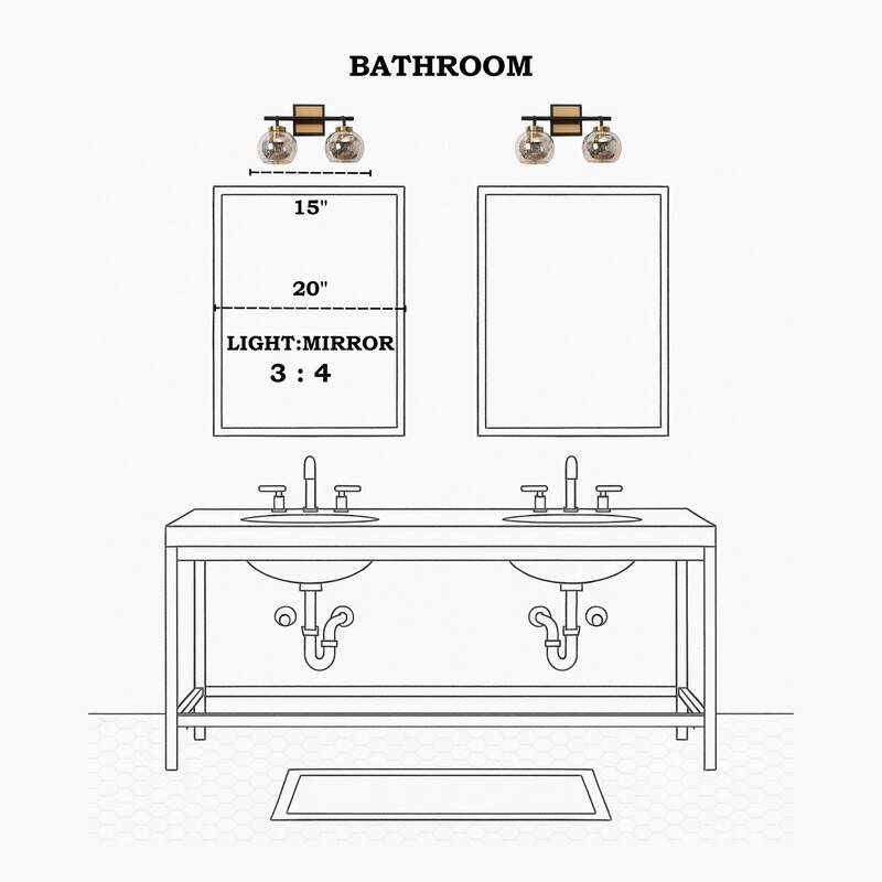 Ziv Modern Glam 2-Light Black Gold Bathroom Vanity Lights with Mercury Glass - 15" L x 7" W x 9.5" H