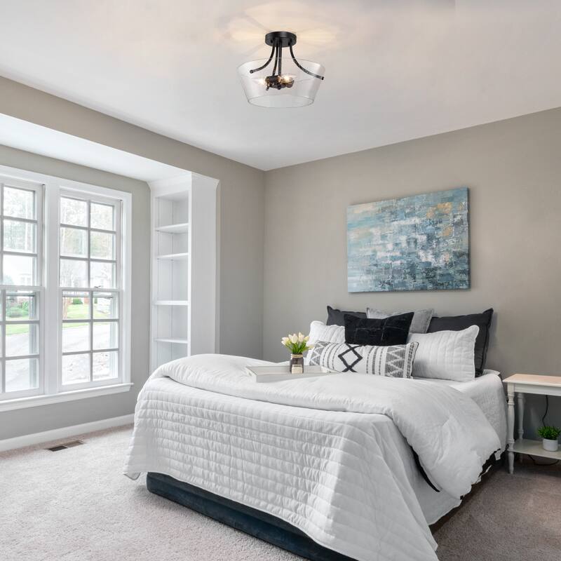 Modern 3-Light Drum Glass Semi-Flush Mount Ceiling Light - Black - D13"xH10"