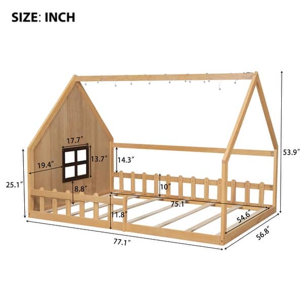 dimension image slide 2 of 3, Wood Full Size House Floor Bed with Window,Fence and LED Lights