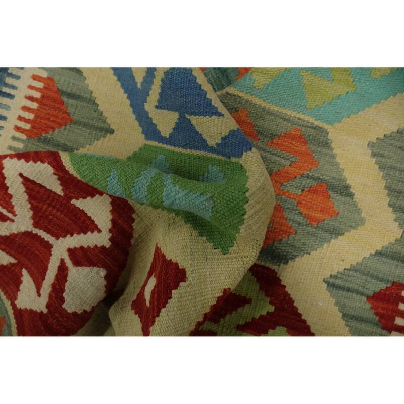 Hand Woven Oriental 100% Wool Carpet Southwestern Tribal Green Kilim Area Rug - 4' 11'' X 3' 4''