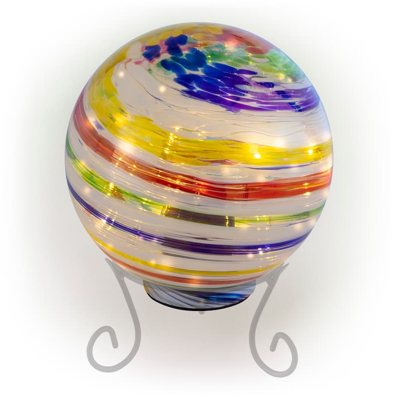 Alpine Corporation 8" Diameter Indoor/Outdoor Glass Gazing Globe with LED Lights and Stand, Multicolor