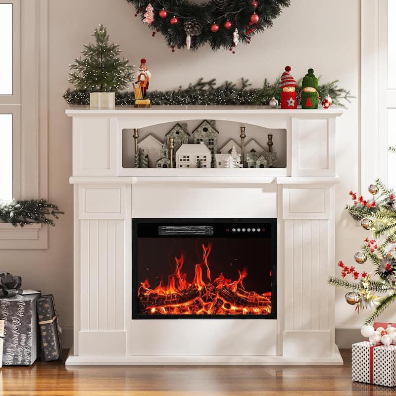 BOSSIN 43" Electric Fireplace with Mantel, 23 inch Electric Fireplace Insert,Freestanding TV Stand with Fireplace Wooden Firebox - 13.5"D x 43.3"W x 42.5"H - White