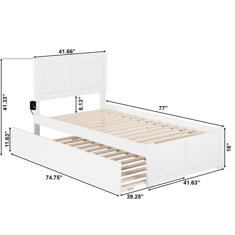 Twin Platform Bed with Trundle & USB - White Wood Bed Frame - Rustic Style