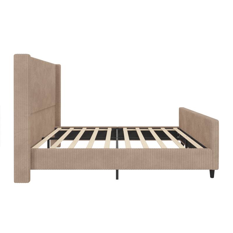 Queen/King Corduroy Bed Frame with 50.7'' Tall Headboard, Upholstered Platform Bed w/Vertical Stripe Wingback & High Footboard
