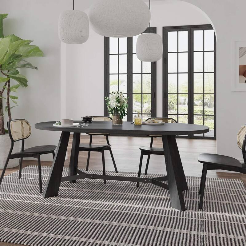 WESOME 70.87" Rustic Oval Dining Table for 6-8 People Wood Kitchen Table Dinner Room Table with Sturdy Tapered Legs - Black