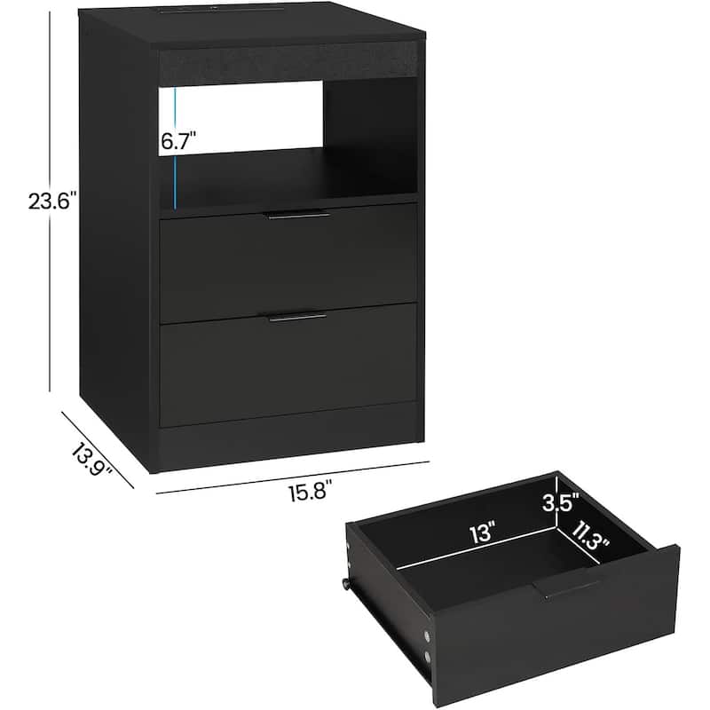 2 Drawers LED Nightstand Wireless Charging Station Pull-Out Shelf