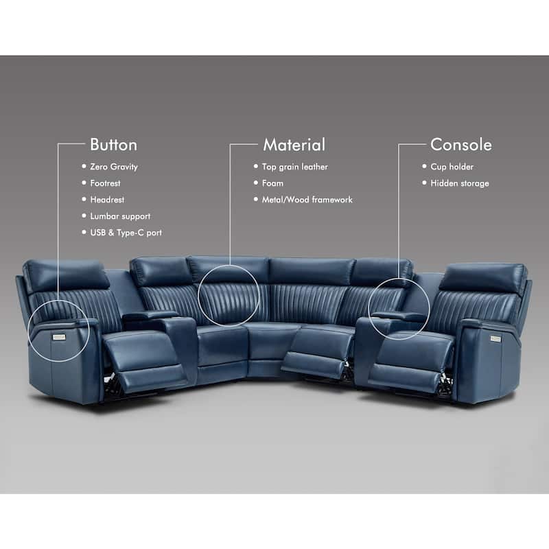Genuine Leather Power Recliner Sectional Sofa with Ajustable Headrest, Power Lumbar, USB&USB-C Port