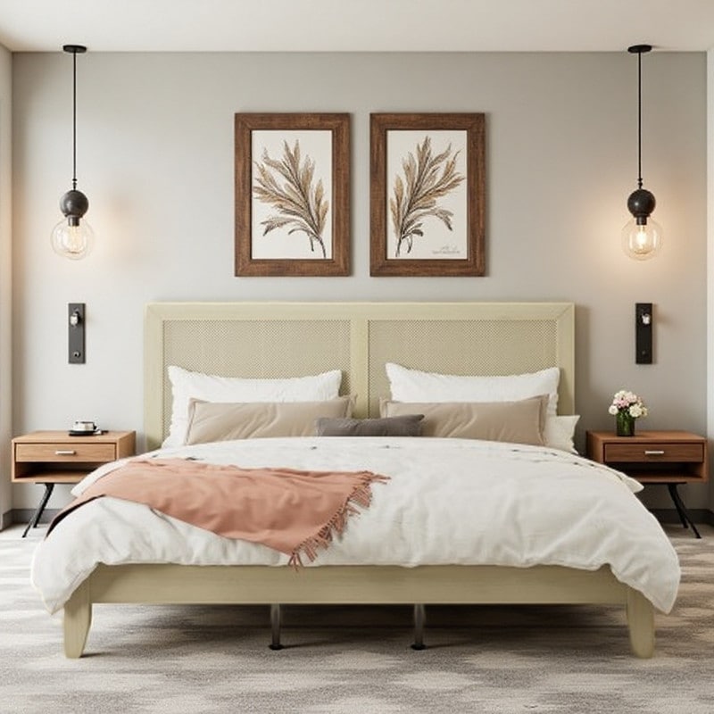 Solid Wood Platform Bed with Woven Rattan Headboard, Mid-Century Modern Style, Durable Rubberwood Frame