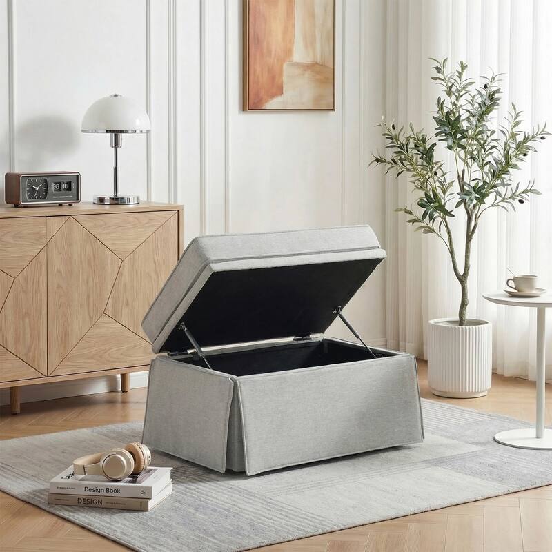 Rectangle Chenille Upholstered Storage Ottoman - Beige