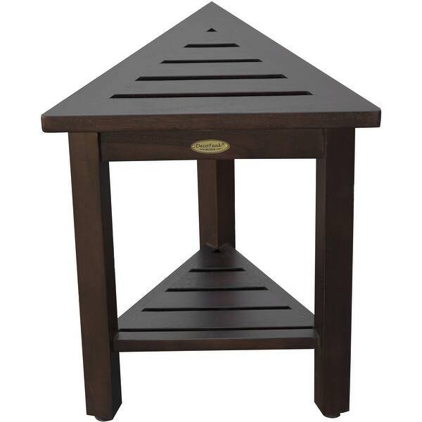 Compact Triangular Teak Shower Outdoor Bench with Shelf in Brown Finish