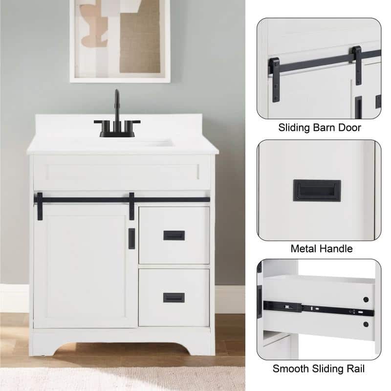 Freestanding White Farmhouse Bathroom Vanity Featuring A Single Undermount Sink Combo,Sliding Barn Doors,And Two Storage Drawers