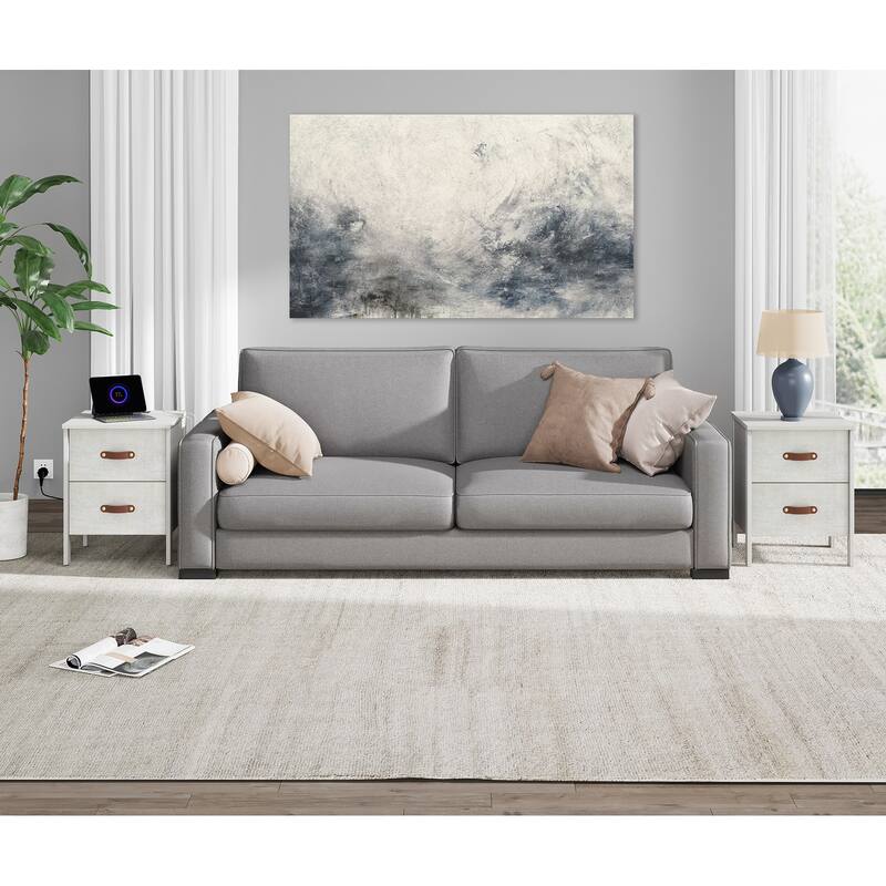 WAMPAT White Nightstand with Charging Station,Bedside Table with 2 Drawer，Set 2