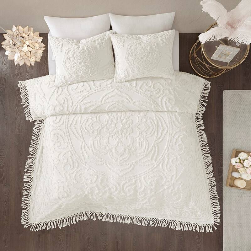Tufted Cotton Chenille Medallion Fringe Coverlet Mini Set Off-White Full Queen