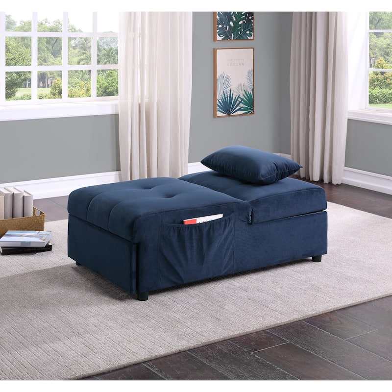 Modern Lift Top Storage Bench with Pull-out Bed 1pc Dark Blue Velvet Tufted Solid Wood Furniture
