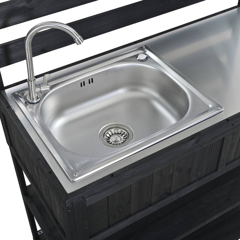 41.7'' Rolling Outdoor Kitchen Island, Solid Wood Kitchen Cart with Sink and Stainless Table Top