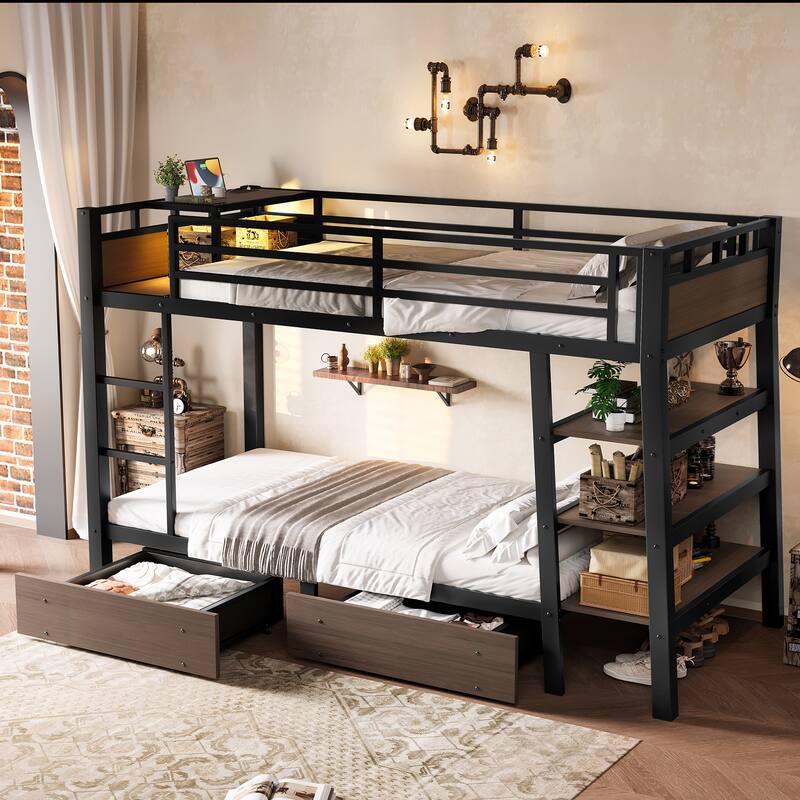 Roomfitters Metal Bunk Bed with Storage Drawers and Shelves, LED Lights and USB, Black