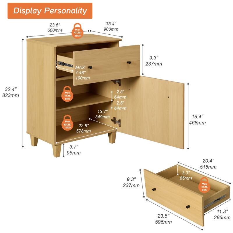 Bedroom Night Stand Bedside Table with Drawer and Cabinet, 32.4"H