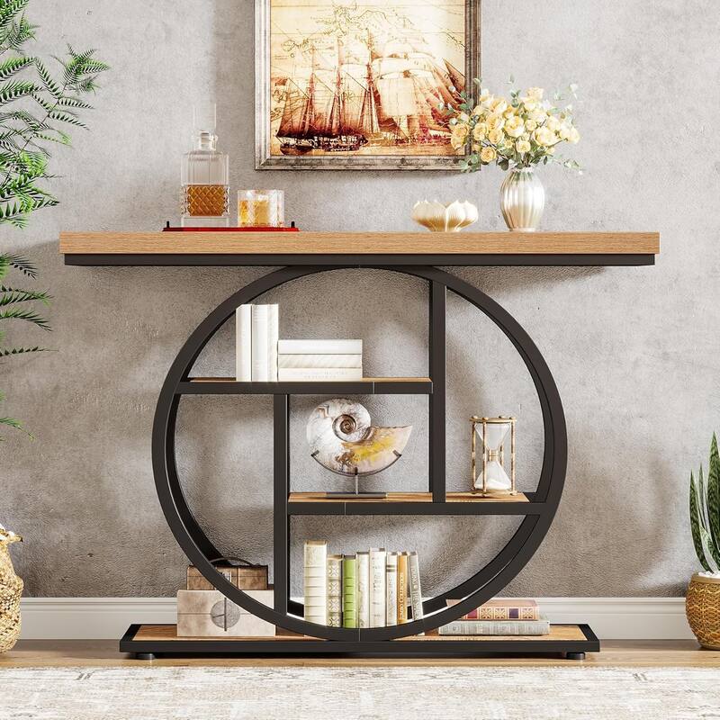 41.3" Industrial 4-Tier Console Table with Circle Base - Narrow Entryway Sofa Table with Storage Shelves