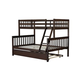 Twin Over Full Rubber Wood Bunk Bed with Trundle,Convertible Ladder and Guardrail