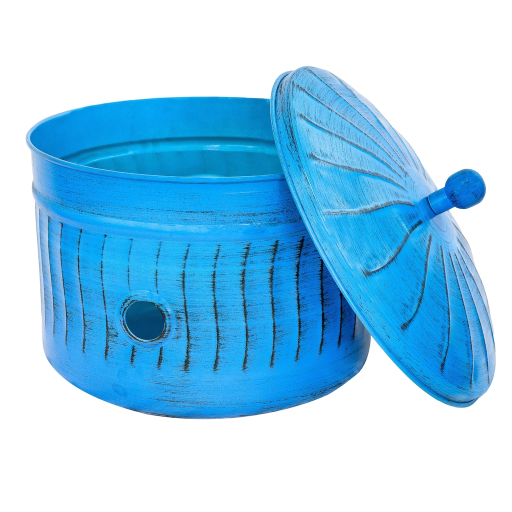 Sunnydaze Embossed Metal Garden Hose Holder Pot with Lid - Blue Patina