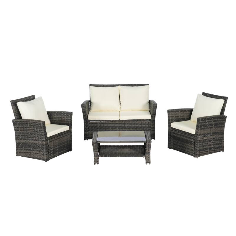 4-Piece Outdoor Patio Rattan Conversation Sofa Set with Tempered Glass Coffee Table